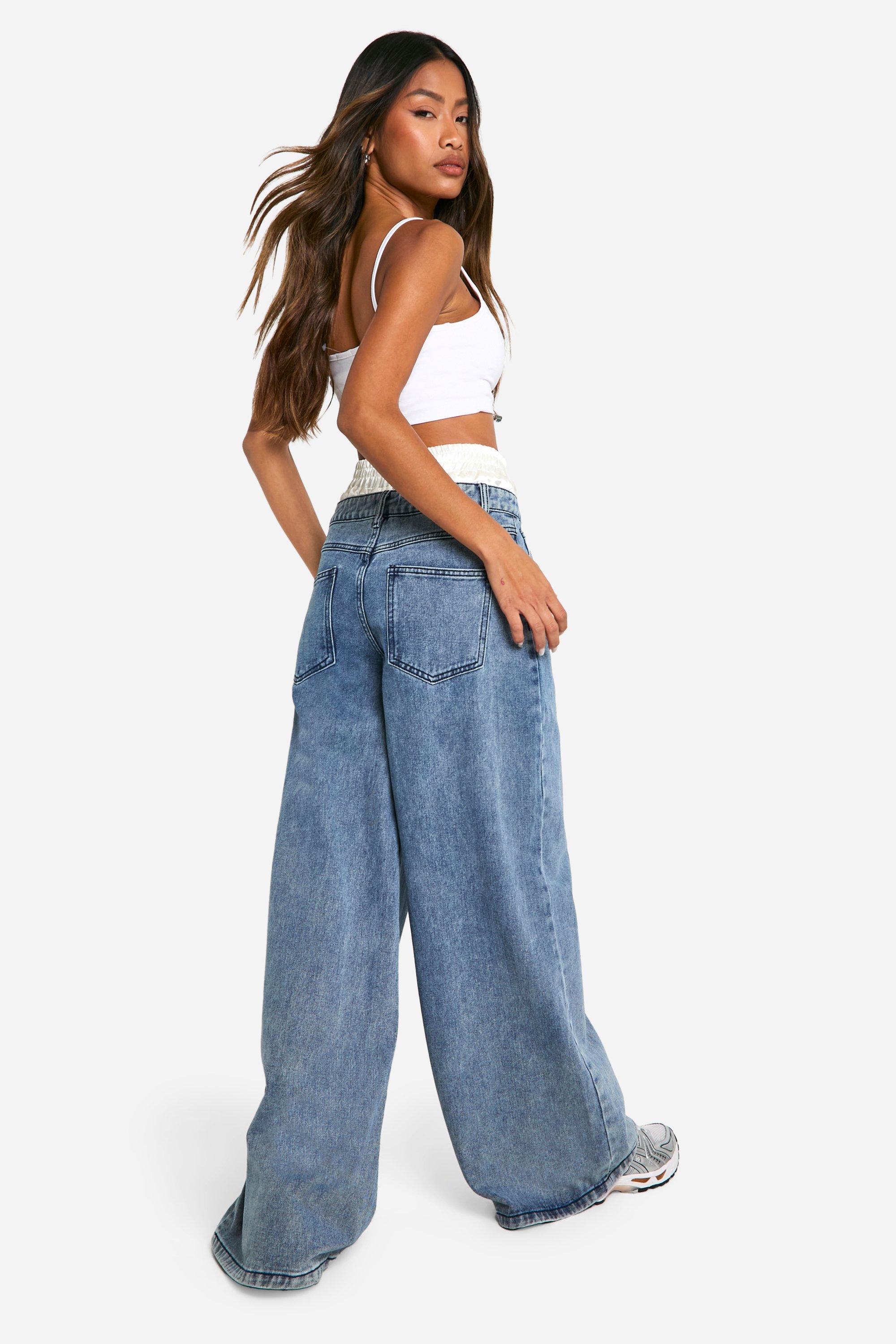 【SATIIIZ】Pion Wide Denim Pants Satin Boxer Detail High Waisted Wide Leg Denim Jean | boohoo